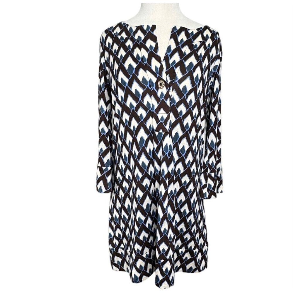 Diane von Furstenberg Silk 3/4 Sleeve Dress Blue Brown Geo Print